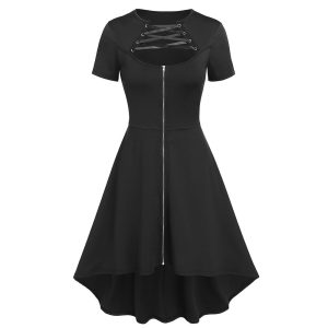 Dressfo Short Sleeves Gothic Black Dresses Crisscross Cutout High Low Midi Dress Irregular Front Zip Noir Robe Female Dresses