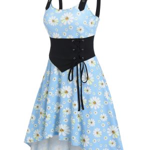 Daisy Print Sundress Buckle Strap Lace Up Dip Hem Dress High Waisted Sleeveless Mini Summer Vestido Feminino