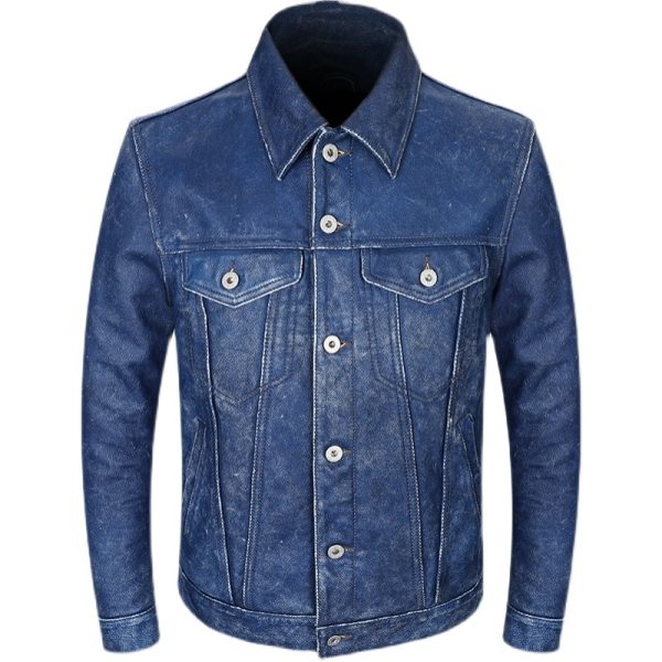 Vintage Blue Spring Men's Jacket Casual Style Plus Size 4XL Natural Cowhide Autumn Slim Fit Short Genuine Leather Coats