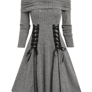 Long Sleeve Fall Winter Spring Boat Neck Foldover Zippered Dress Knitted Space Dye Convertible Cowl Neck Vestido Feminino