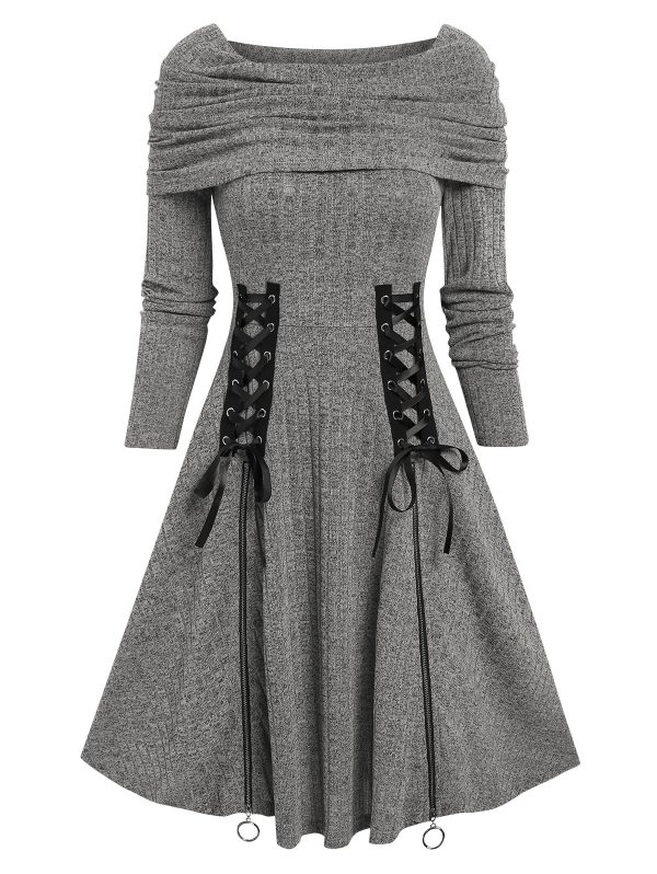 Long Sleeve Fall Winter Spring Boat Neck Foldover Zippered Dress Knitted Space Dye Convertible Cowl Neck Vestido Feminino