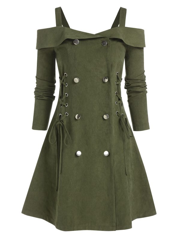 Cold Shoulder Button Up Lace-up Dress A Line Mini Double Breasted Long Sleeve Deep Green Casual Robe For Women Fall Spring