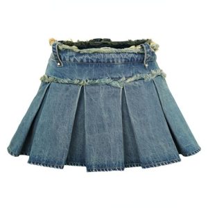 HOUZHOU Streetwear Pleated Skirt Denim Women Sexy Mini Skirt Summer Chic High Waist Korean Fashion Slim Aesthetic Harajuku