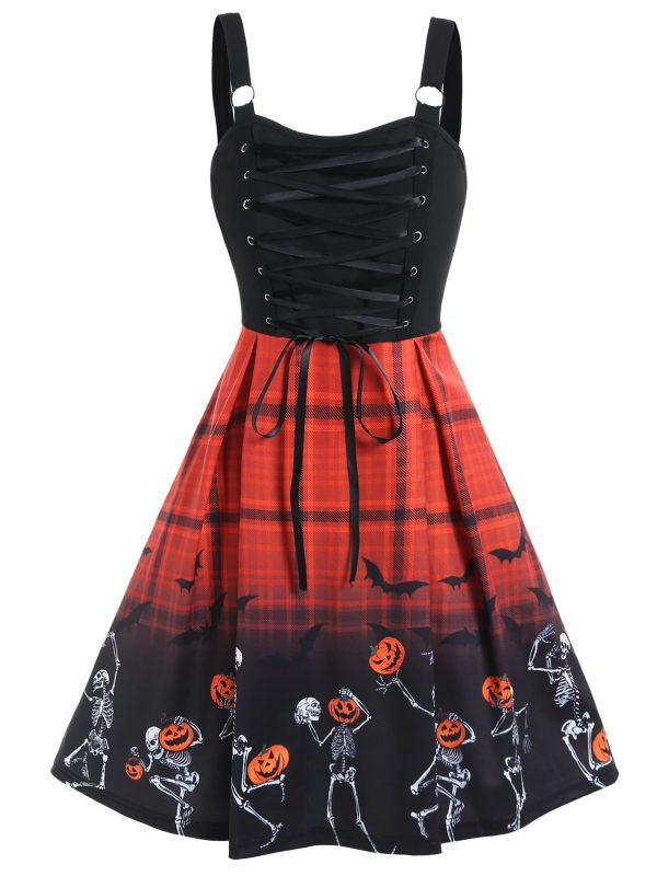 Dressfo Halloween Dress Gothic Skeleton Pumpkin Plaid Print Colorblock Dress Lace Up A Line Mini Women Goth Dress