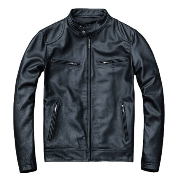 Spring Motorcycle Genuine Leather Jacket Men Cowhide Slim Short Coat Motor Biker Racer Natural Calf Skin Clothes Size S-5XL