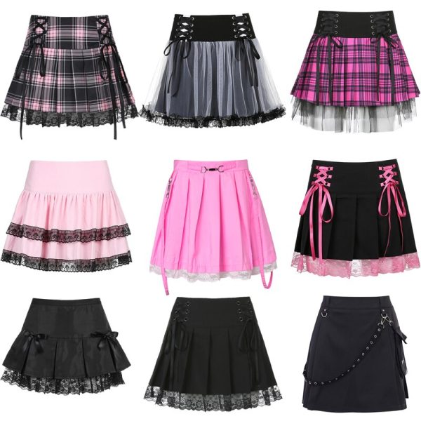 E-girl Gothic Lace Mini Pleated Skirt Women Punk Aesthetic High Waist A-Line Short Skirt 90s Vintage Harajuku Streetwear