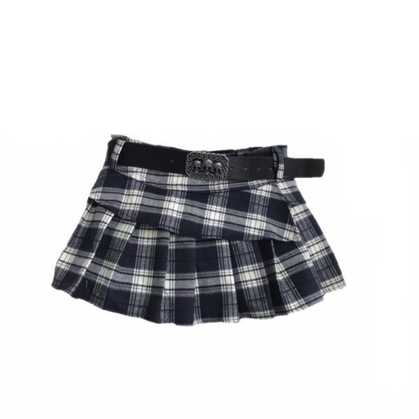 Low Waist Mini Plaid Skirt Women Dark Gothic Black White Punk Skull Waistband Hot Skirts With Pant Plus size Skirt