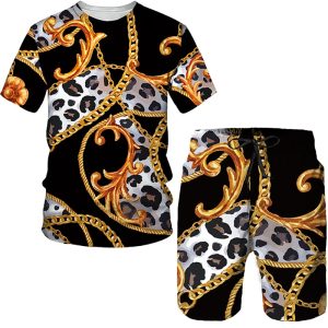 Golden Baroque Chain Leopard 3D Print Tracksuit Men Casual T-shirt Sets Streetwear T Shirts Shorts 2 Piece Sportswear Kids Suit