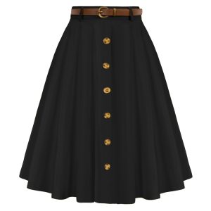 Belle Poque Women's Stretch High Waist A-Line Flared Midi Skirts With Pockets & Belts Solid Mid-calf Swing Skirts Lady A20