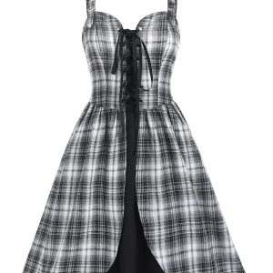 A Line Mini Sleeveless Plaid Print Lace-Up Front Buckle Strap Chic Dresses Lace-Up Robe for female