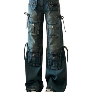 Women BF Style Streetwear Harajuku Baggy Multi-Pocket Blue Denim Cargo Pants Low Waisted Wide Leg Jeans 2000s Aesthetic Kpop