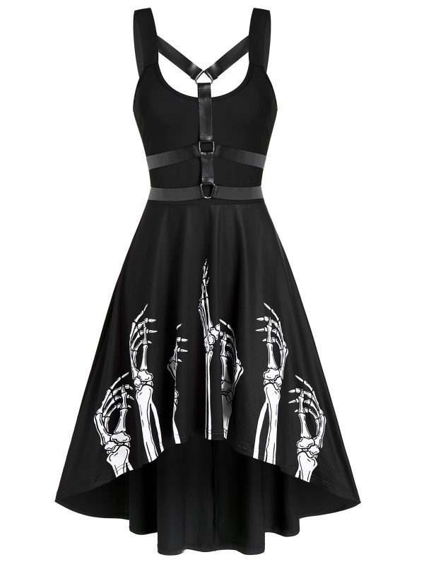 Gothic Women Dress Skeleton Print Harness Insert High Low Flare Dress Casual A Line Midi Summer Dress Vestidos Oversized 3XL